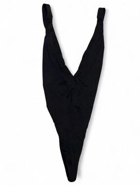TOBI black one piece with deep v neck, cross back, and scrunch bottoms